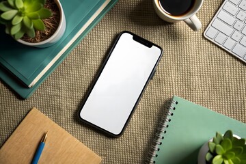 Top view smartphone template over workspace AI generated