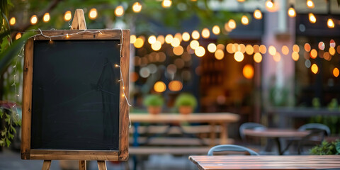 Blank chalkboard in an outdoor setting in a restaurant. Empty menu board stand. Restaurant sidewalk blackboard sign.