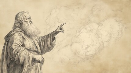 Fototapeta premium Biblical Illustration of Zophar’s Second Speech - Zophar Pointing Toward the Earth, Speaking of the Fleeting Nature of the Wicked’s Wealth, Beige Background