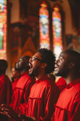 Obraz premium Gospel choir group singing in identical tunics in a church. Christian gospel singers praising Lord Jesus Christ in the church choir.