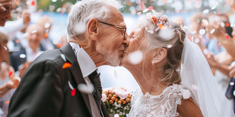 Lovely senior couple renewing their vows at their wedding day. Elderly married couple kissing on a backdrop of confetti and their guests.