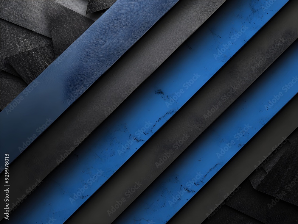 Poster abstract composition of layered materials in blue and black tones with geometric patterns