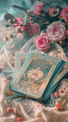 A deck of tarot cards placed among pink and white roses, bathed in soft, romantic lighting, creating an atmosphere of love and mysticism.

