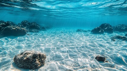 Fototapeta premium The tropical blue ocean of Hawaii is showcased with white sand and underwater stones, creating a serene ocean background
