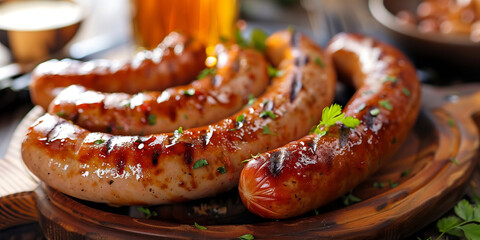 Rustic table set with assorted sausages and a mug of beer. Celebrating Octoberfest festival.