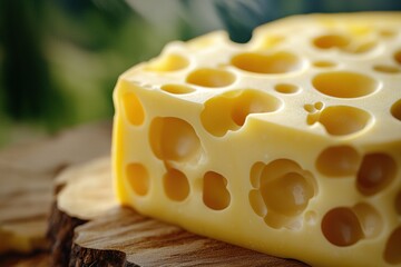 Swiss cheese on wooden board in the mountains of the Alps. Generative Ai