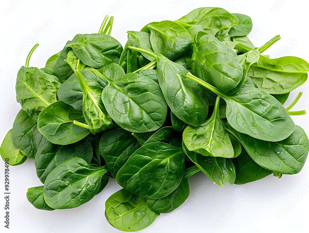 Wall mural fresh spinach leaves arranged neatly on a white background