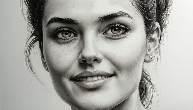 Portrait dessin jeune femme belle crayon noir et blanc.