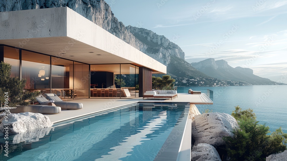 Poster Modern house with pool and terrace, overlooking the sea and mountains, with large rocks in front of it, modern architecture style, architectural rendering. Generative AI.
