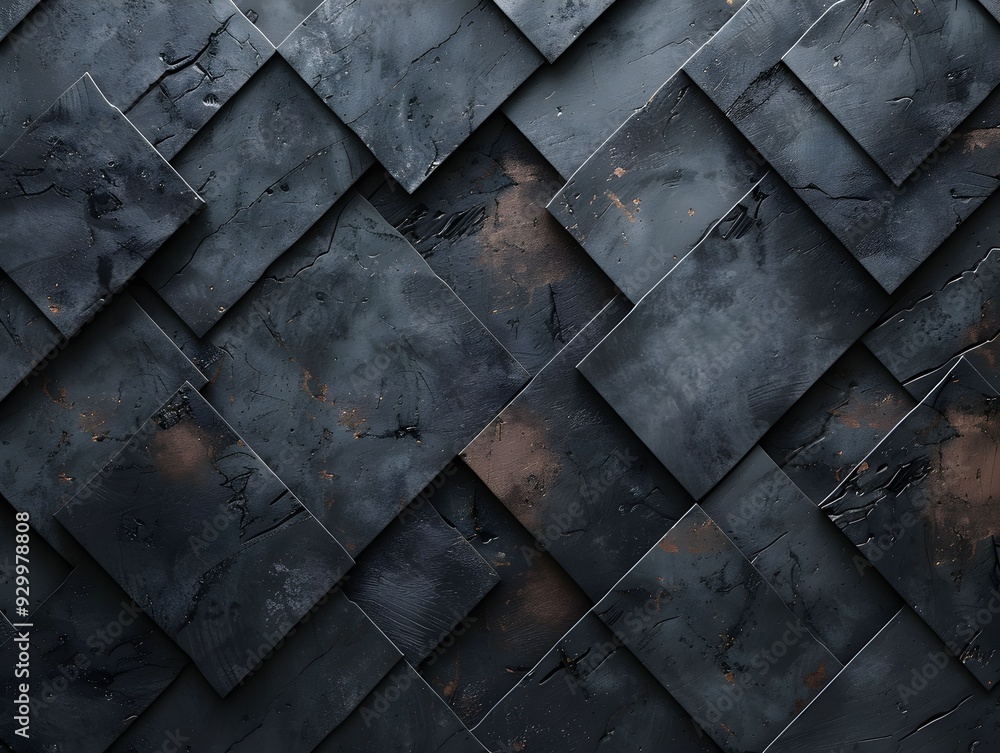 Poster textured dark slate tiles arranged in an overlapping pattern on a surface