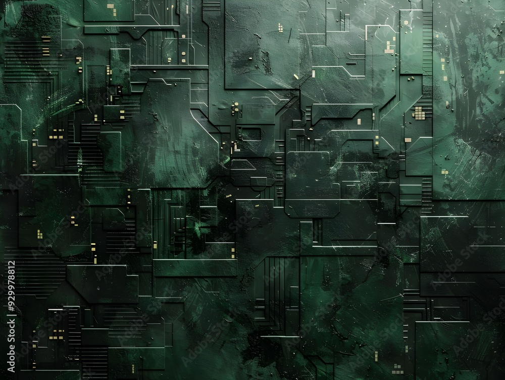Poster abstract green circuit board design with textured background in a digital art style