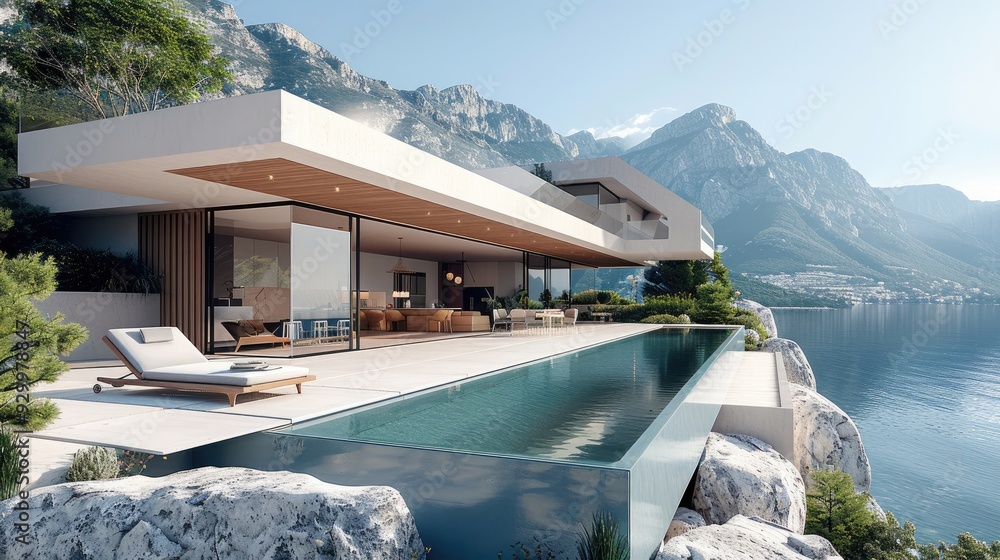 Poster modern house with pool and terrace, overlooking the sea and mountains, with large rocks in front of 