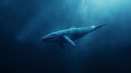 Fototapeta premium A blue whale swims alone in the deep ocean