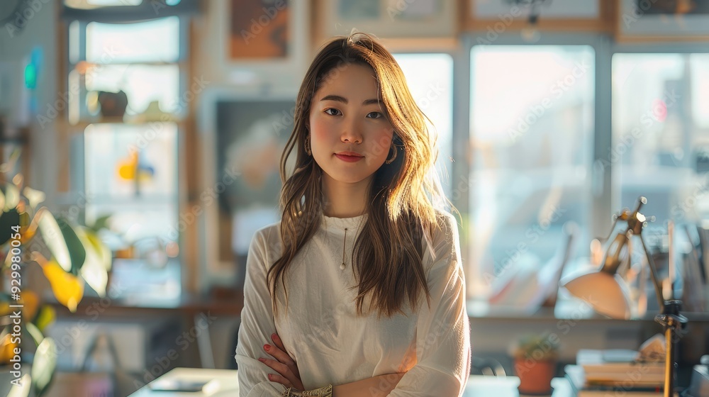 Poster A designer in her office standing by her desk, daylight coming through the window, Asian woman. Generative AI.