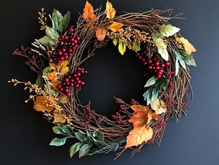 Festive Fall Wreath with Seasonal Berries and Foliage on Dark Background