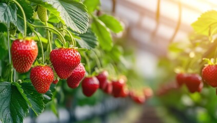 Fruit farm growing strawberries, panoramic view of strawberry trees hanging on the branches in an orchard