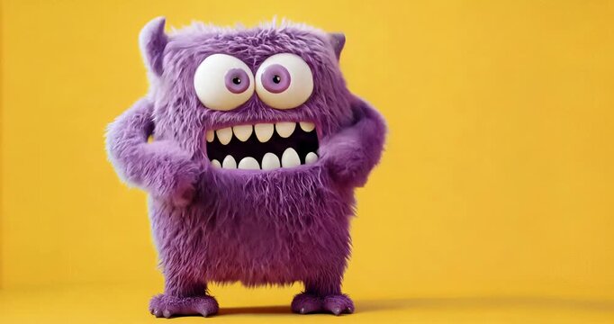 Funny angry but cute purple monster on a yellow background.