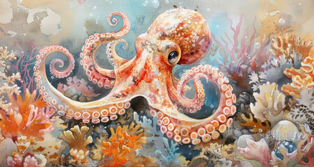 Obraz premium An octopus in a vibrant coral reef, painted in watercolors.