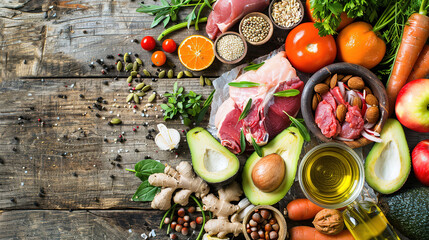 Various healthy foods, such as colorful fresh vegetables and fruit with meat or fish, arranged on the table.