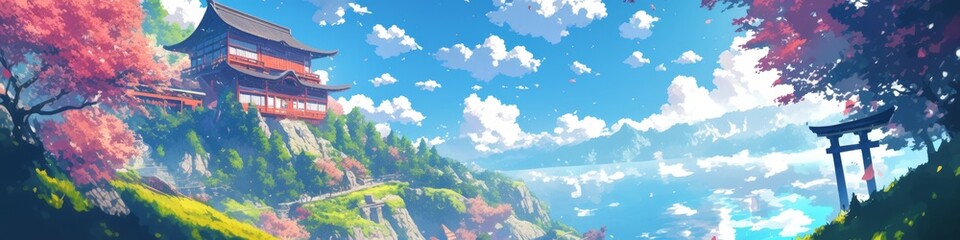 Enchanting Japanese Fantasy Adventure: Vibrant Anime-Style Digital Art Showcasing Ancient Architecture and Cultural Wonders. Perfect for Game Design, Tourism Marketing, UI Elements, and 4K Wallpapers.