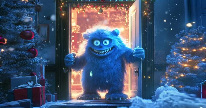 The holiday is coming to us. Blue monster waiting for Christmas.