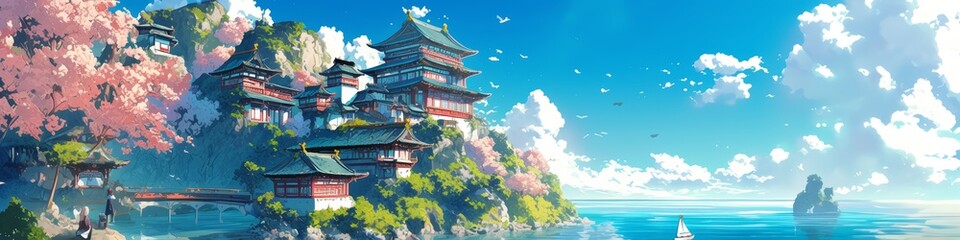 Obraz premium Enchanting Japanese Fantasy Adventure: Vibrant Anime-Style Digital Art Showcasing Ancient Architecture and Cultural Wonders. Perfect for Game Design, Tourism Marketing, UI Elements, and 4K Wallpapers.