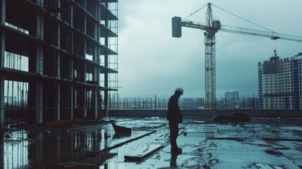 Silhouetted worker on a rooftop construction site with a crane in the background under a moody, overcast sky, capturing the essence of urban development.