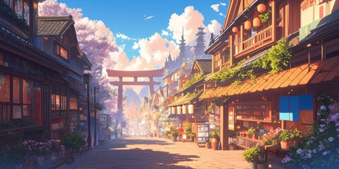 Obraz premium Enchanting Japanese Fantasy Adventure: Vibrant Anime-Style Digital Art Showcasing Ancient Architecture and Cultural Wonders. Perfect for Game Design, Tourism Marketing, UI Elements, and 4K Wallpapers.