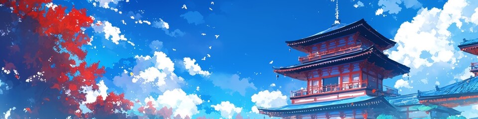 Obraz premium Enchanting Japanese Fantasy Adventure: Vibrant Anime-Style Digital Art Showcasing Ancient Architecture and Cultural Wonders. Perfect for Game Design, Tourism Marketing, UI Elements, and 4K Wallpapers.