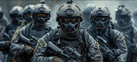 Naklejka premium A group of special forces, black and grey tones. Generative AI.