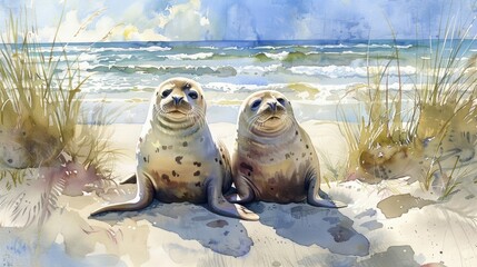 Two seals on beach in watercolor
