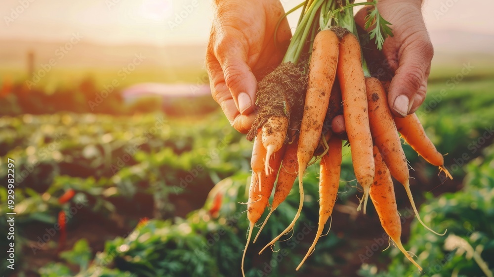 Canvas Prints Close-up of hands holding freshly harvested carrots, still with roots and soil, under the sunlight, indicating health, freshness, and organic farming.