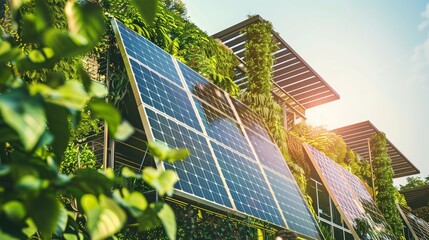 Fototapeta premium Solar panels integrated into a lush green outdoor setting demonstrate sustainable energy within an urban landscape.