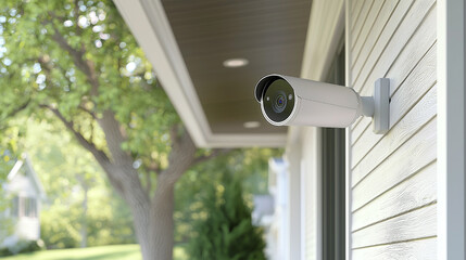High-resolution image of a modern closed-circuit camera (CCTV) mounted on an exterior wall, emphasizing security and surveillance in urban environments.