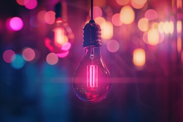 glowing neon lightbulb in a vibrant, colorful environment, symbolizing creativity, innovation, and bright ideas in a modern, artistic setting