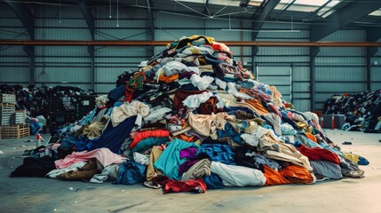 A large pile of colorful discarded clothes sits inside an industrial warehouse under the dimmed roof lights.