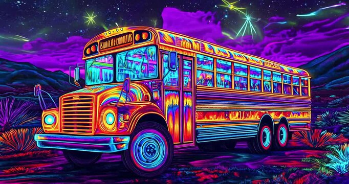 Trippy groove bus in night magic atmosphere.