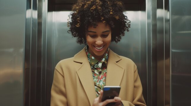 A woman, dressed in a tan coat, smiles at her smartphone while standing in an elevator, displaying contentment and ease.