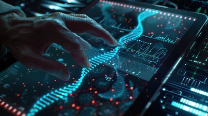 close-up of a hand interacting with a digital screen displaying DNA sequences, symbolizing the fusion of medicine and technology in modern healthcare