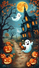 A festive collection of Halloween-themed images featuring pumpkins, witches, ghosts, and spooky autumn scenes.