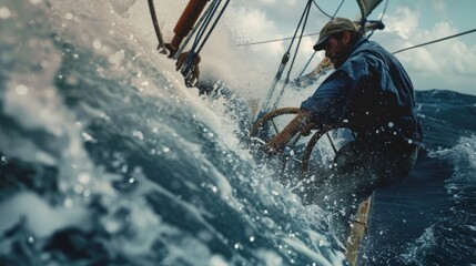 Naklejka premium A sailor battling rough seas, gripping the wheel of a sailboat, embodying perseverance and adventure amid the dynamic ocean waves.