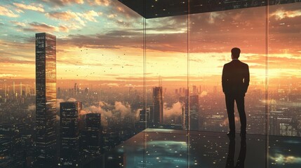 A businessman gazing at a city skyline from a high-rise office, his aspirations soaring towards the sky with the urban landscape as his backdrop.