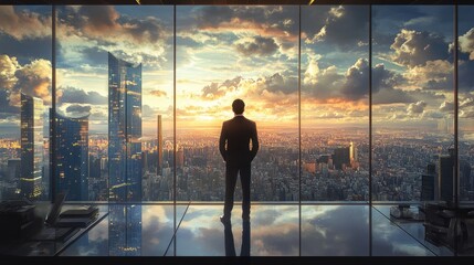 Fototapeta premium A businessman in a modern office, overlooking a sprawling city from above, his gaze full of ambition and dreams touching the sky.