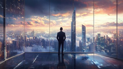 Fototapeta premium A businessman in a modern office, overlooking a sprawling city from above, his gaze full of ambition and dreams touching the sky.