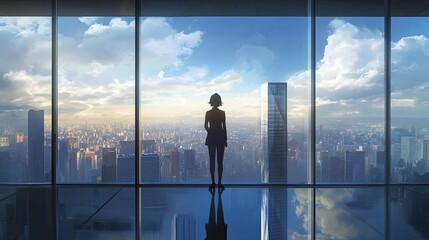 Fototapeta premium A businesswoman in a modern office gazes out a skyscraper window at the sprawling city below, reflecting on opportunities and future success.