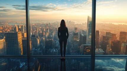 Fototapeta premium A businesswoman standing by a large window, overlooking a vast city from above, with skyscrapers and streets far below.