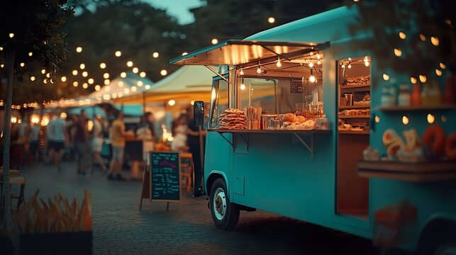 Night market food truck with string lights and food display