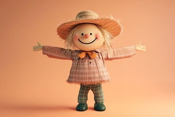 A 3D scarecrow with a friendly grin on a pastel peach background