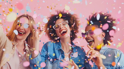 Three women joyfully celebrate amidst a burst of colorful confetti, embodying pure happiness and unbridled excitement.