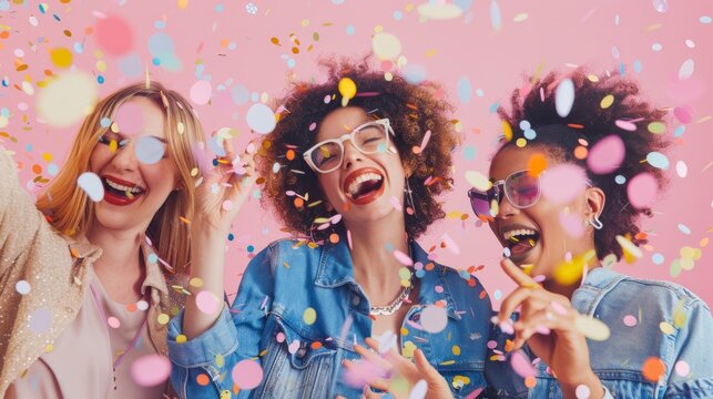 Three women joyfully celebrate amidst a burst of colorful confetti, embodying pure happiness and unbridled excitement.